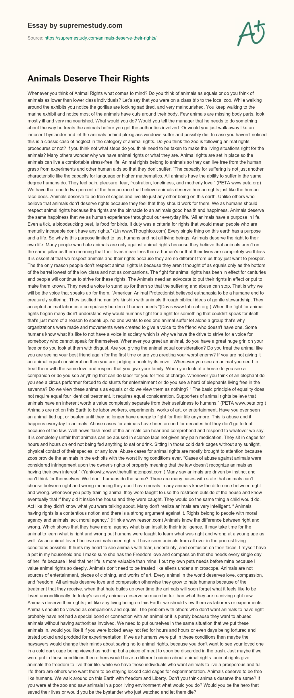 Animals Deserve Their Rights essay