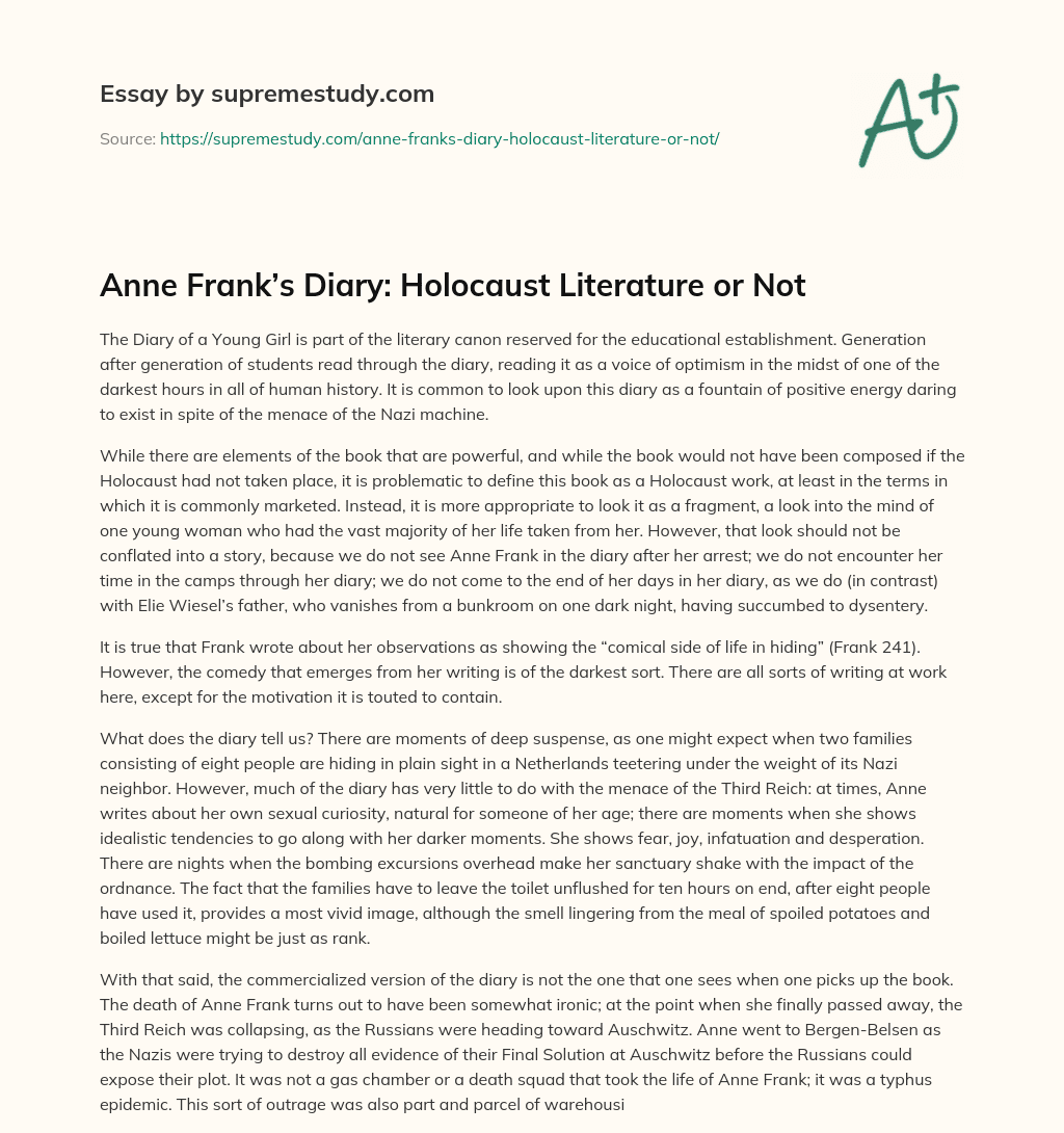 Anne Frank’s Diary: Holocaust Literature or Not essay