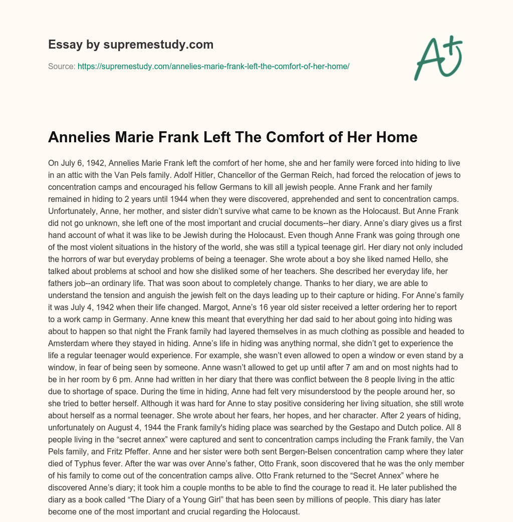Annelies Marie Frank Left The Comfort of Her Home essay