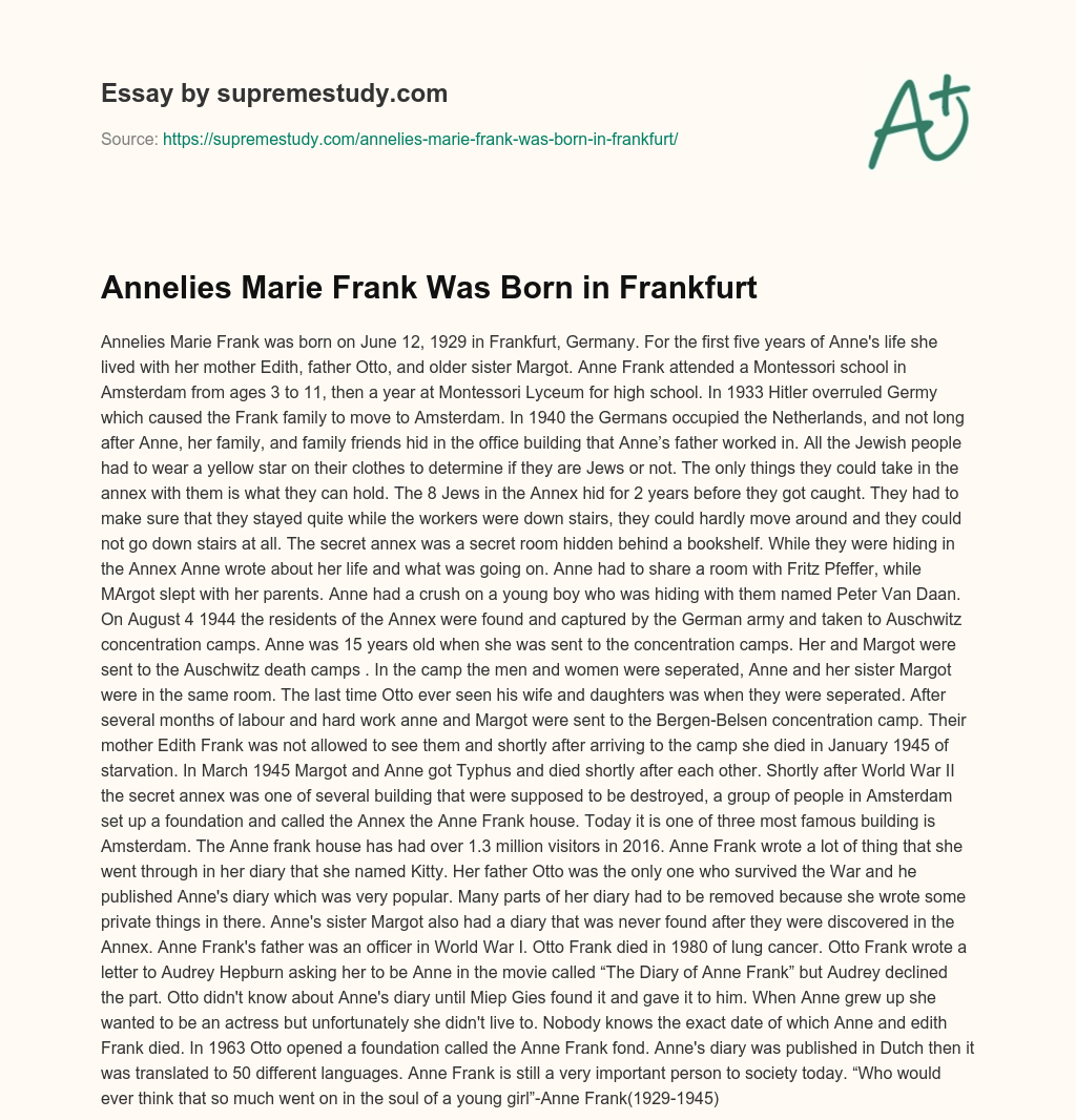 Annelies Marie Frank Was Born in Frankfurt essay