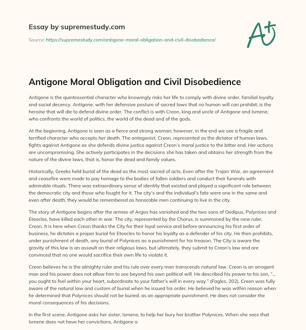 Antigone Moral Obligation and Civil Disobedience essay
