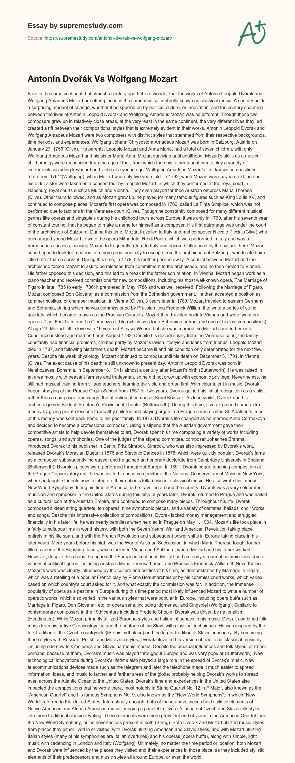 Antonín Dvořák Vs Wolfgang Mozart essay