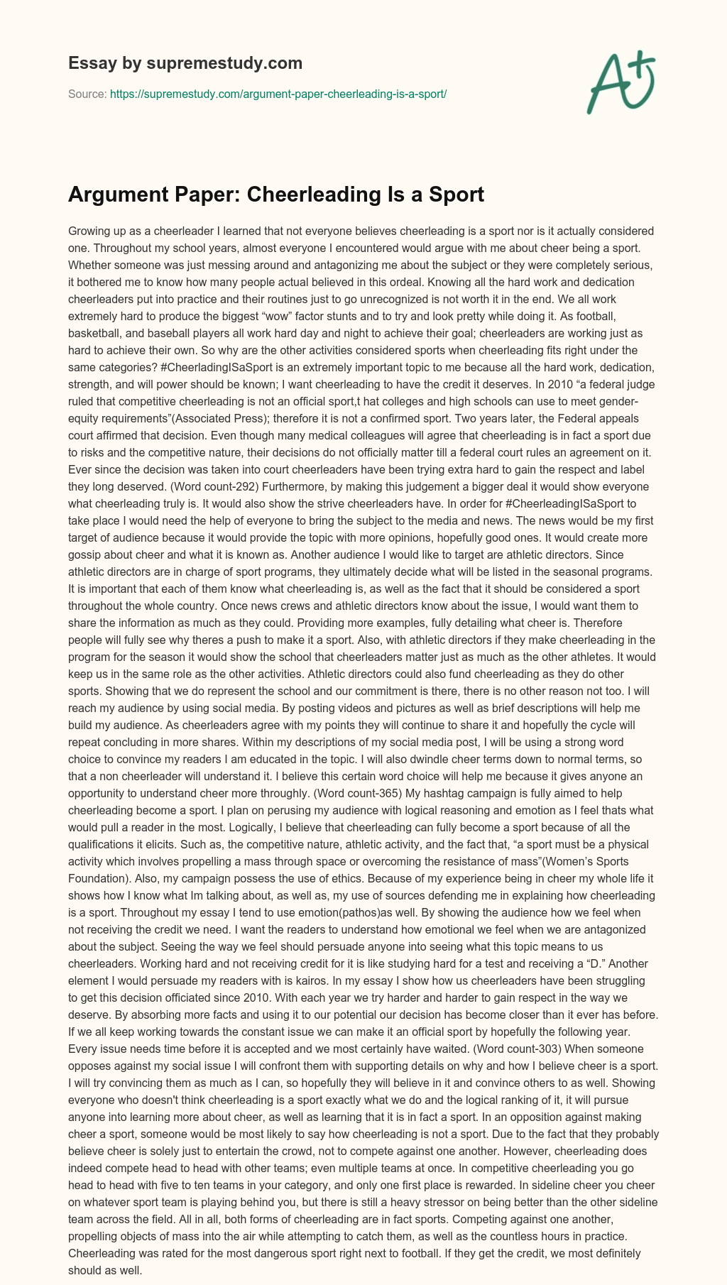 Argument Paper: Cheerleading Is a Sport essay