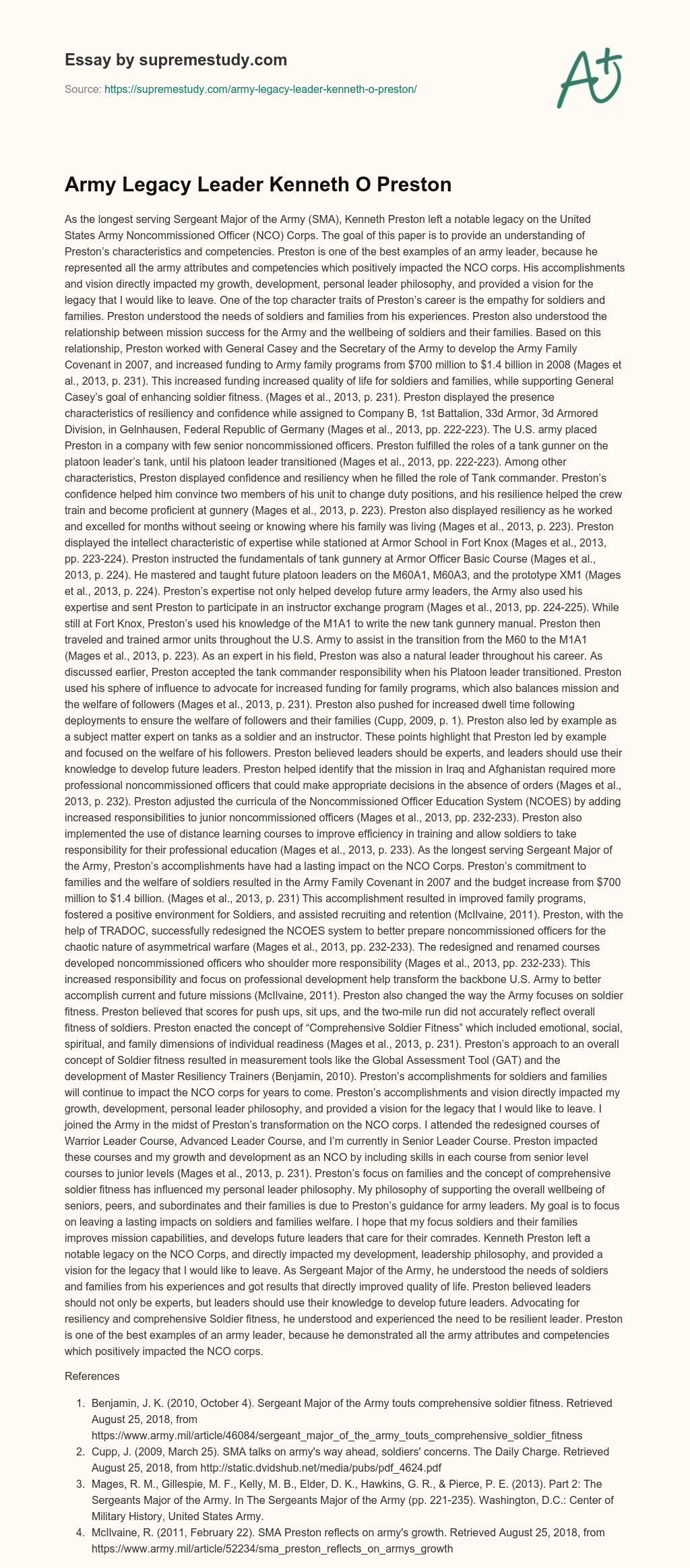 Army Legacy Leader Kenneth O Preston essay