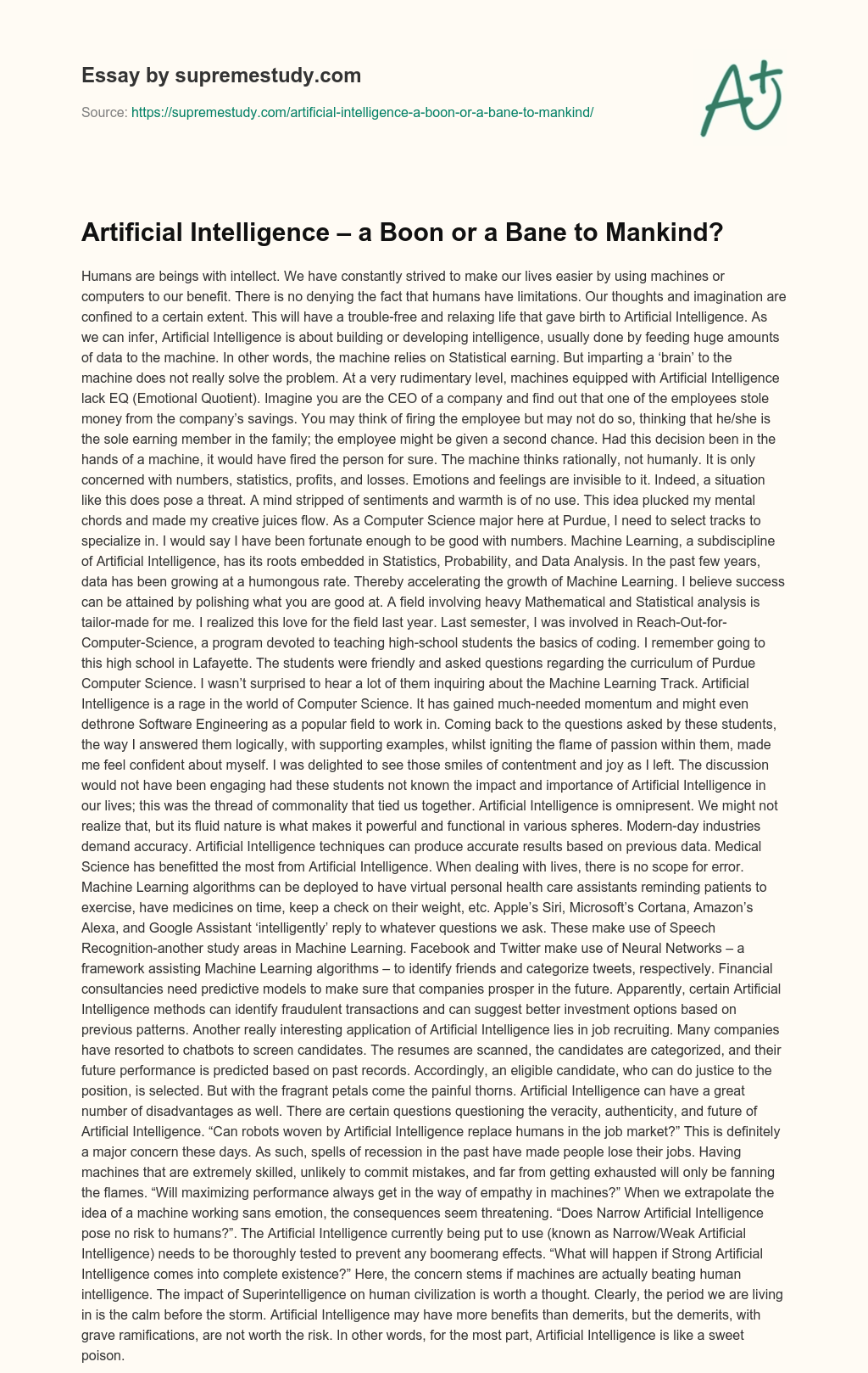 Artificial Intelligence – a Boon or a Bane to Mankind? essay
