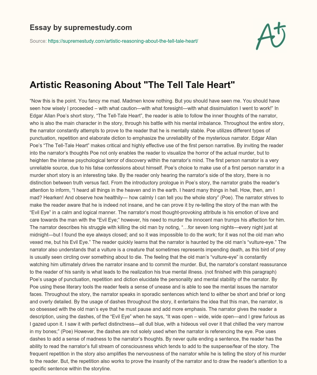Artistic Reasoning About “The Tell Tale Heart” essay