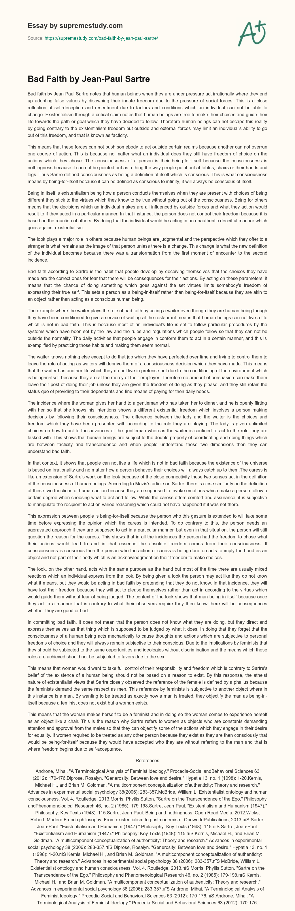 Bad Faith by Jean-Paul Sartre essay