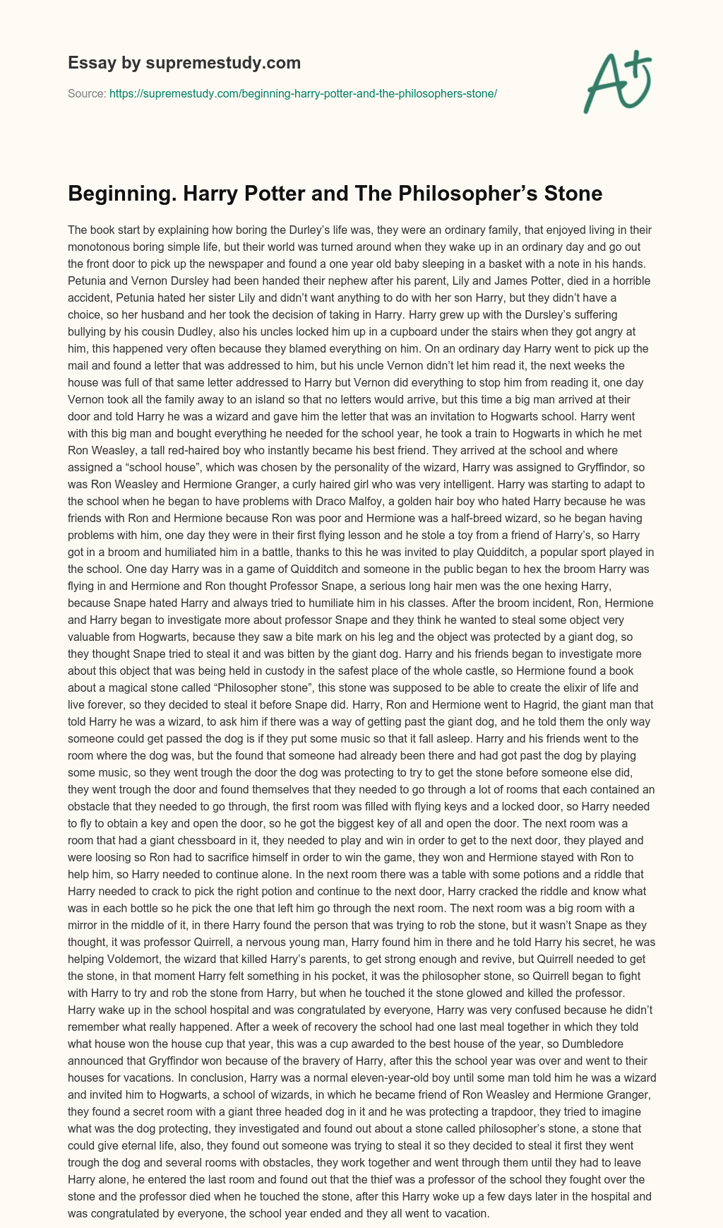Beginning. Harry Potter and The Philosopher’s Stone essay