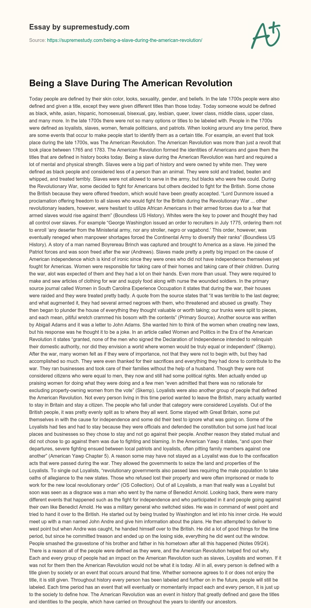 Being a Slave During The American Revolution essay