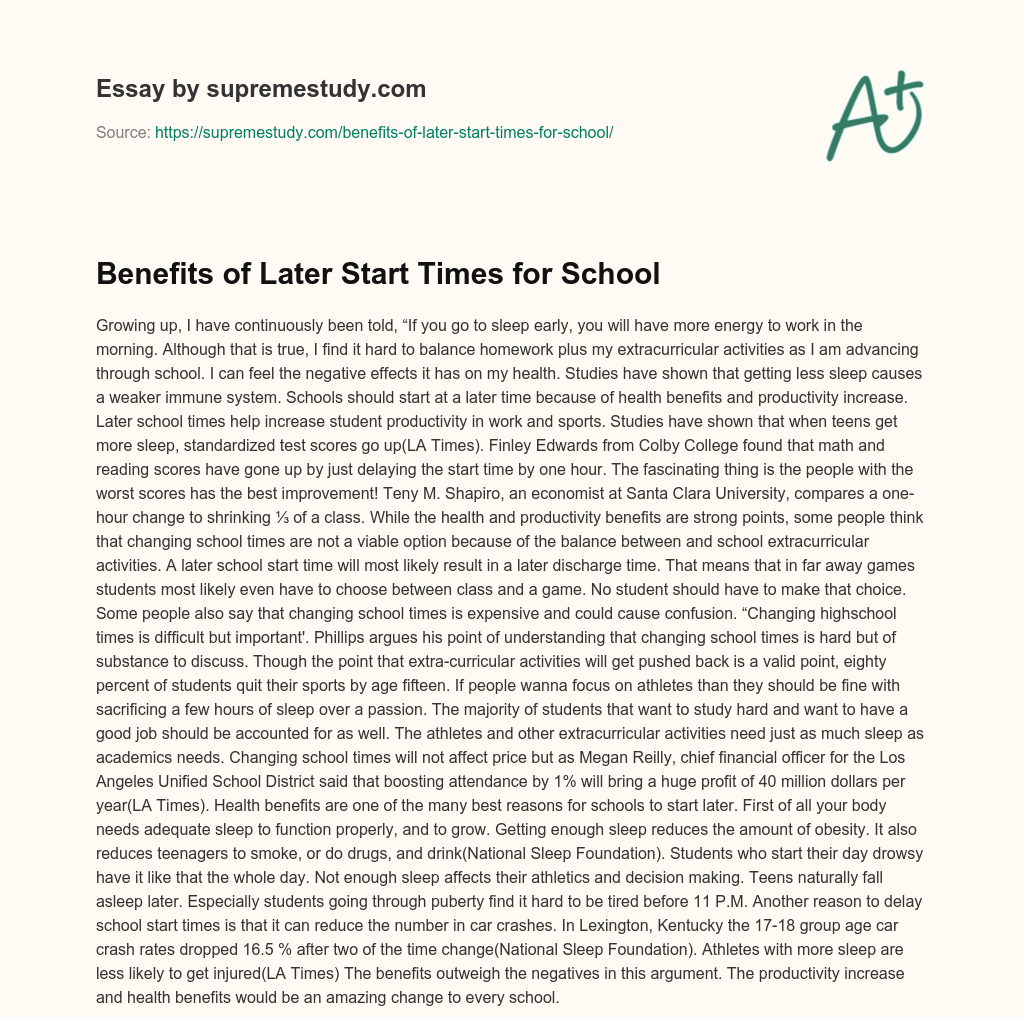 Benefits of Later Start Times for School essay