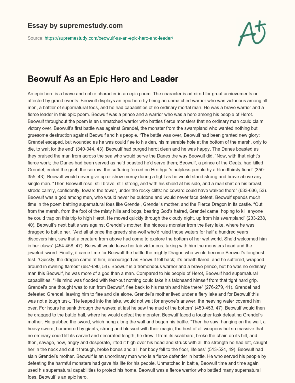 Beowulf As an Epic Hero and Leader essay