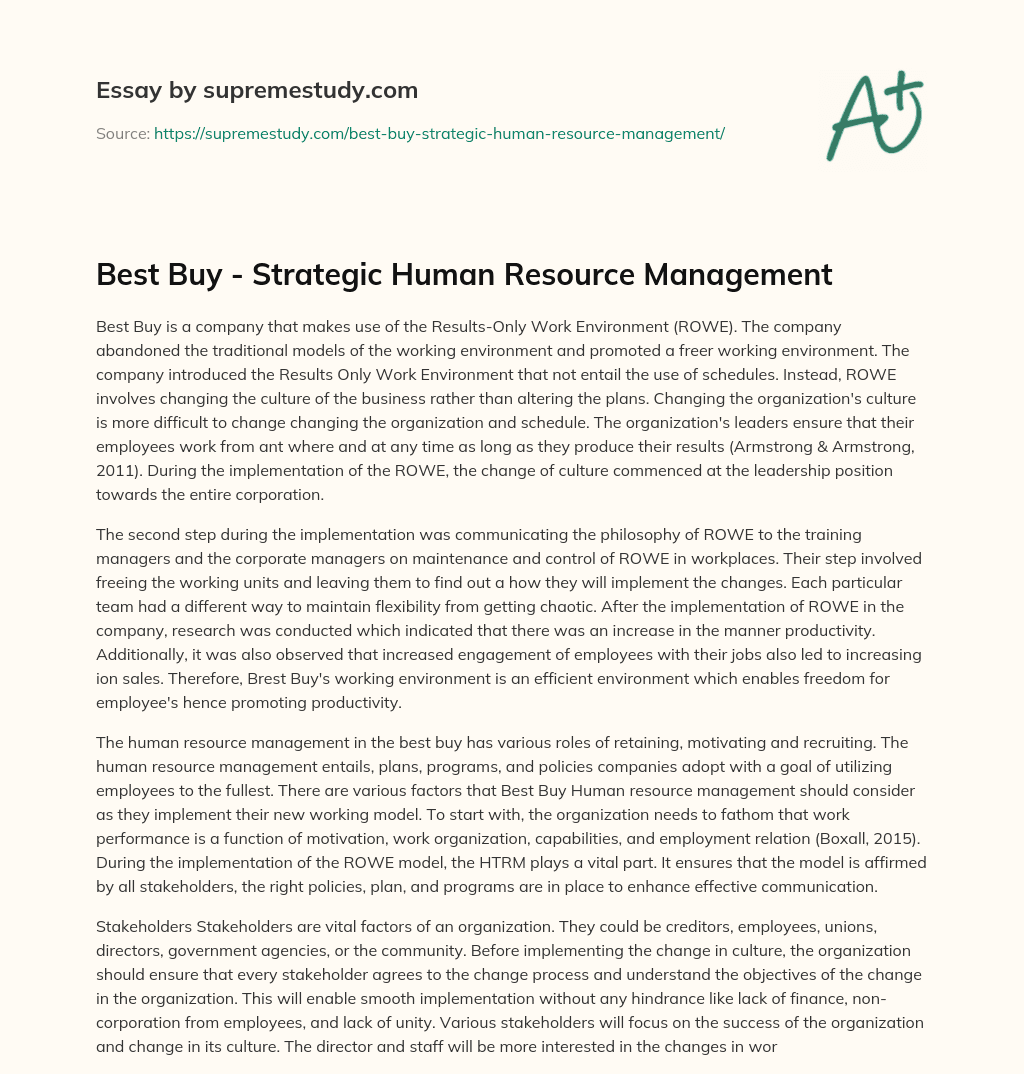 Best Buy – Strategic Human Resource Management essay