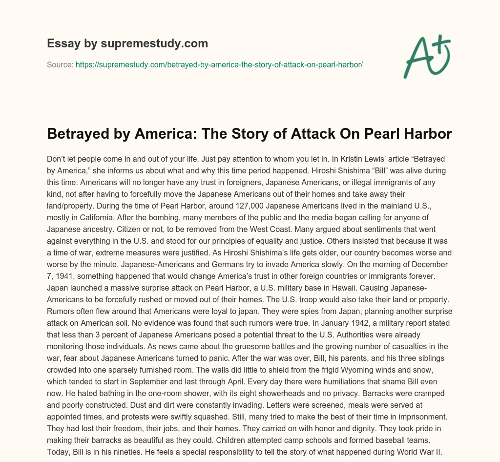 Betrayed by America: The Story of Attack On Pearl Harbor essay