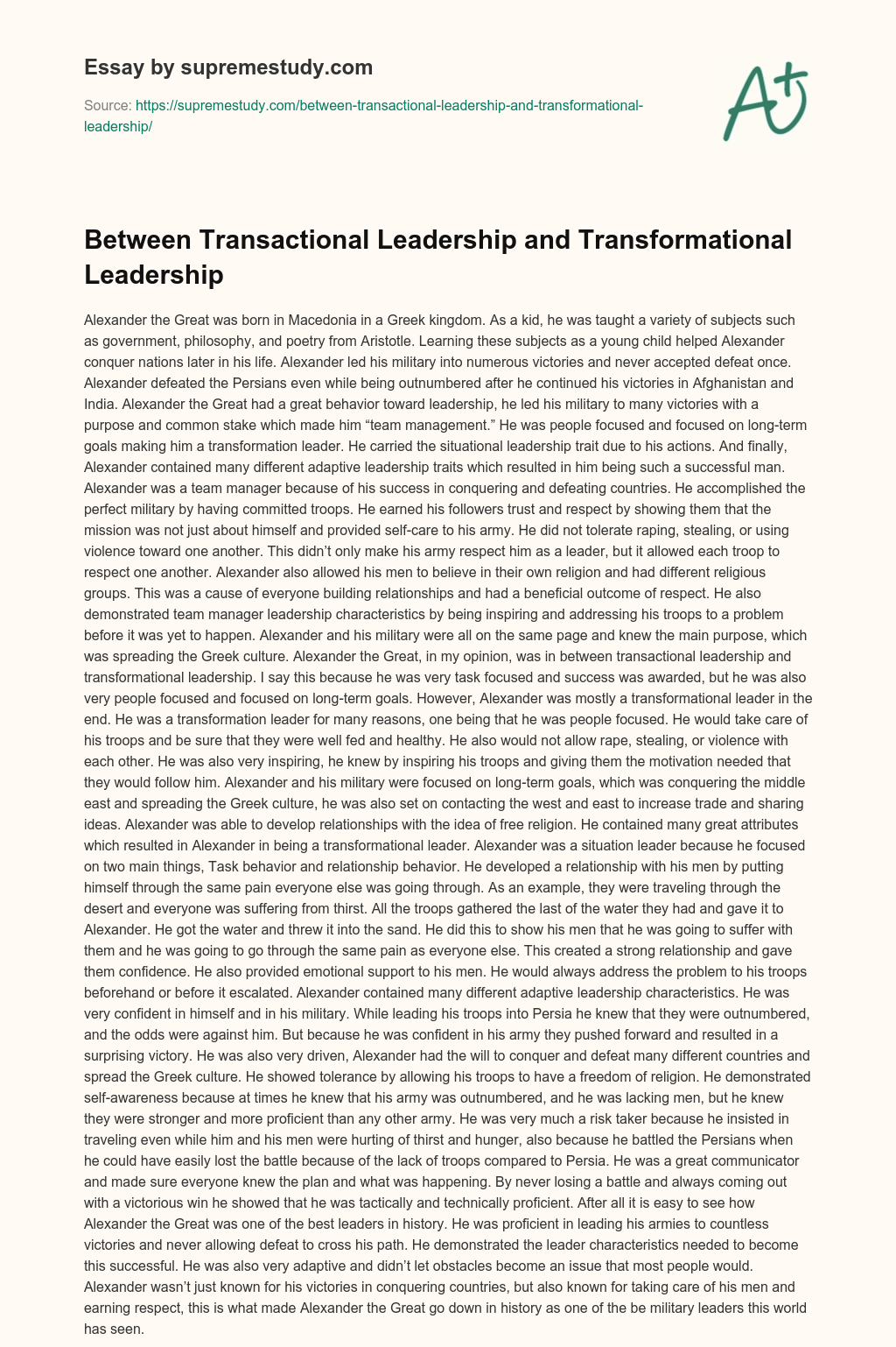 Between Transactional Leadership and Transformational Leadership essay
