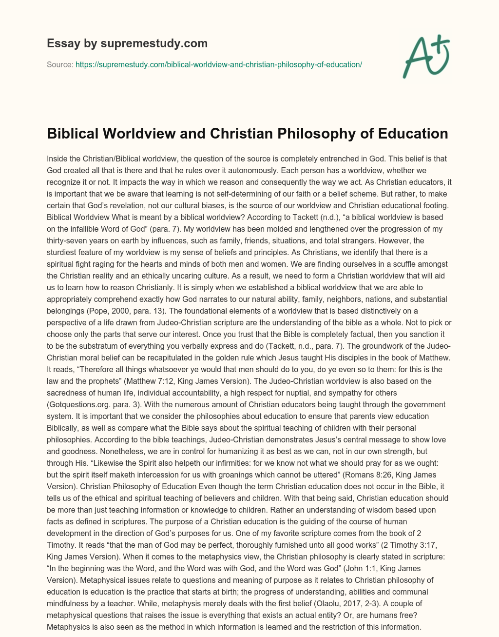 philosophy of education christian worldview