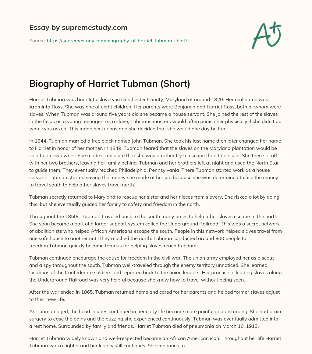 Biography of Harriet Tubman (Short)  essay