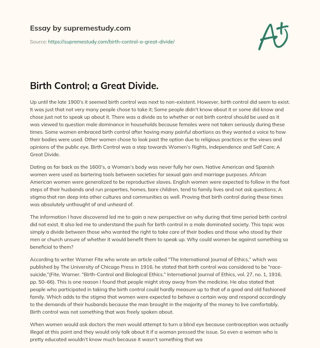 Birth Control; a Great Divide. essay