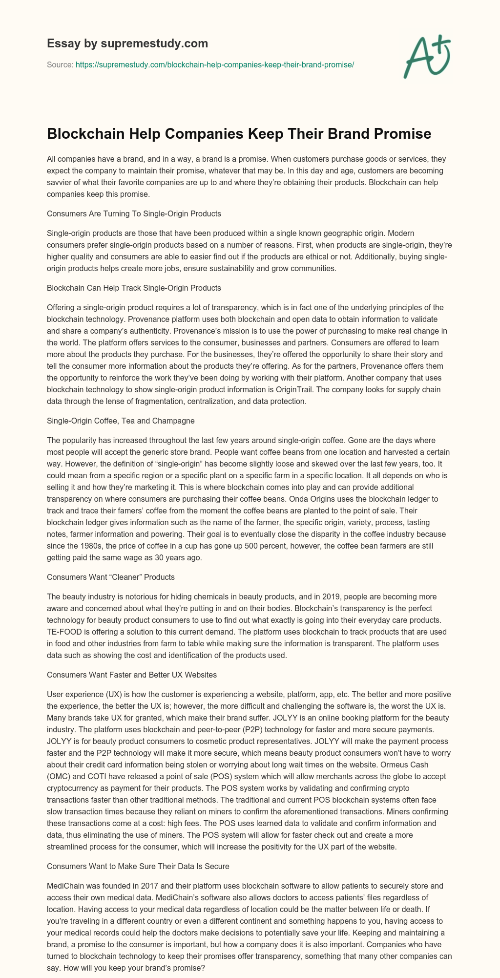 Blockchain Help Companies Keep Their Brand Promise essay