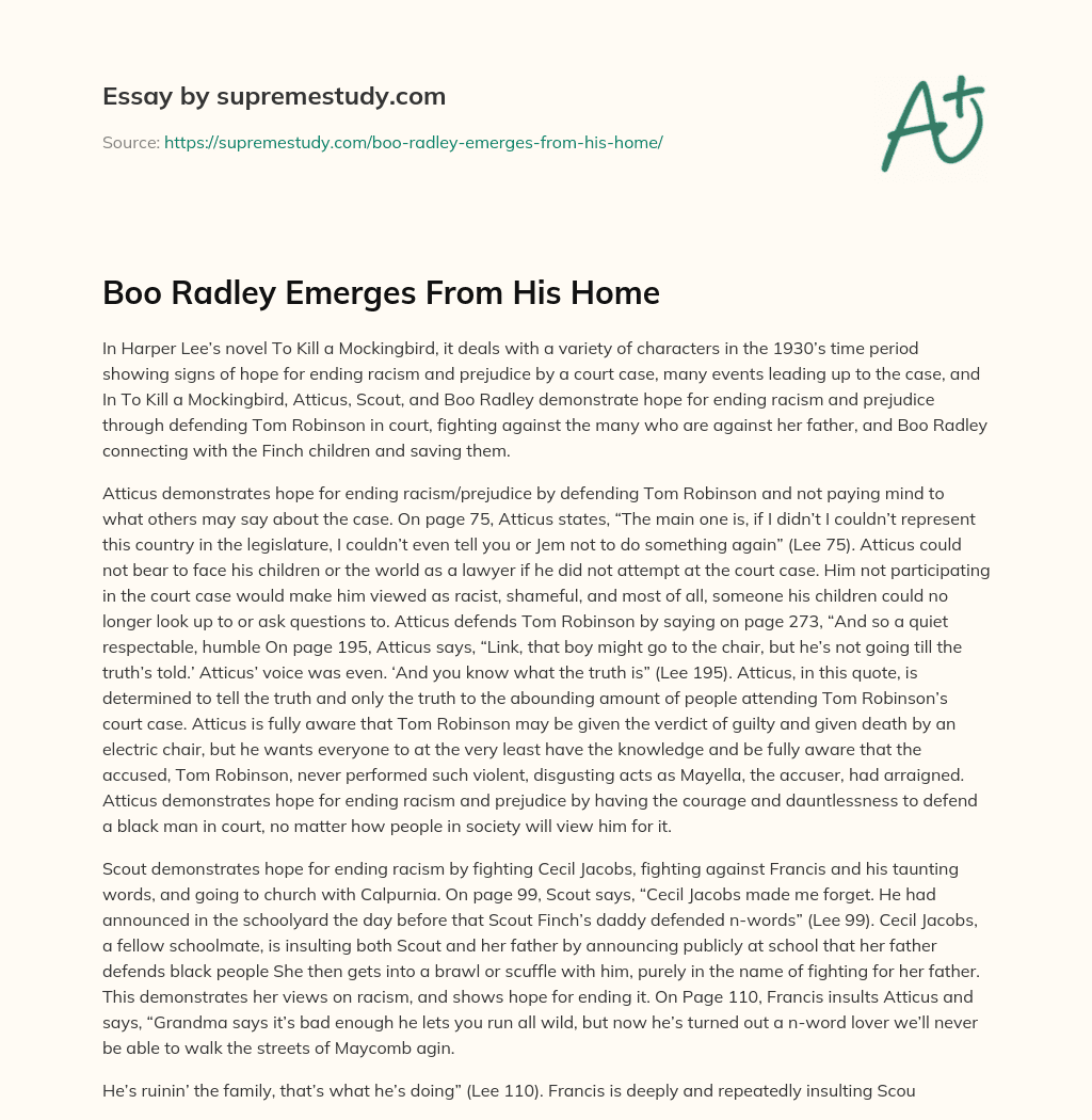 Boo Radley Emerges From His Home essay