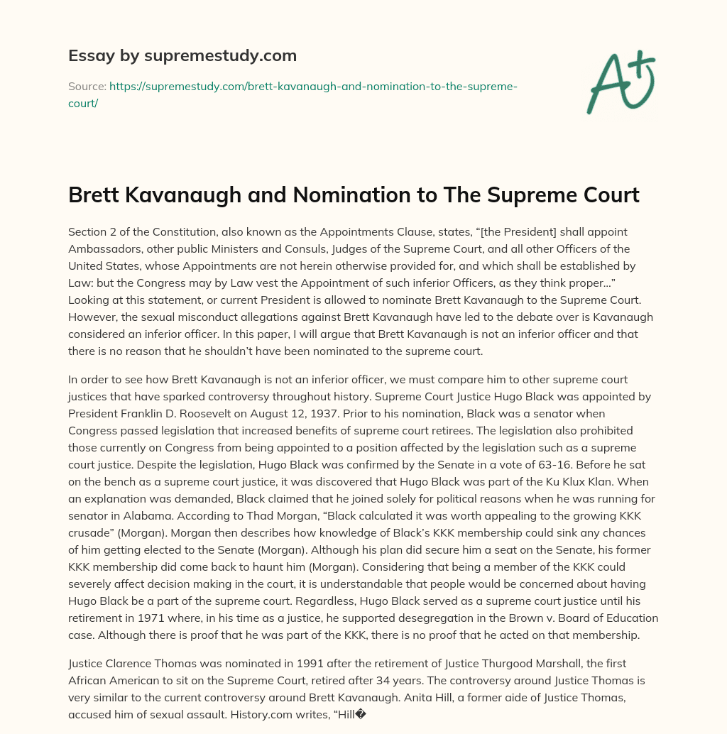 Brett Kavanaugh and Nomination to The Supreme Court essay
