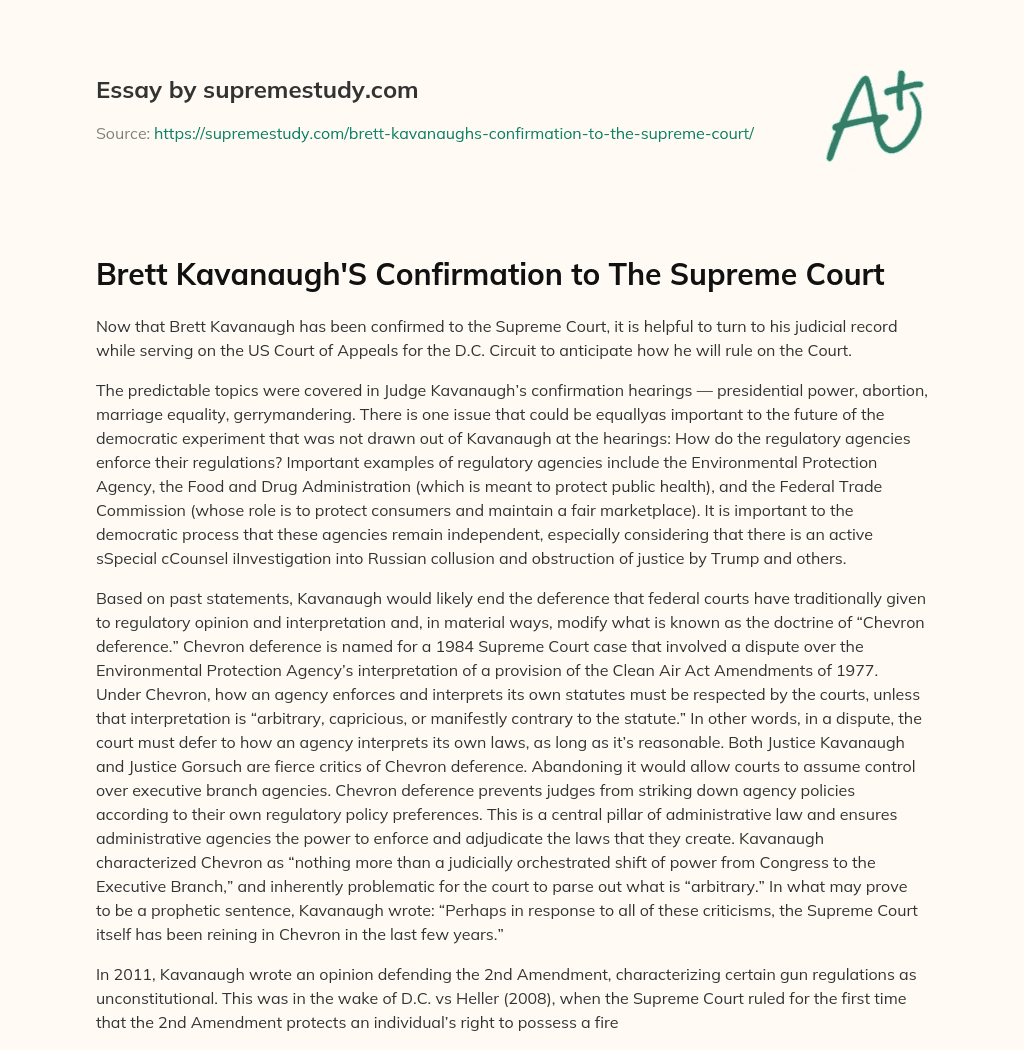 Brett Kavanaugh’S Confirmation to The Supreme Court essay
