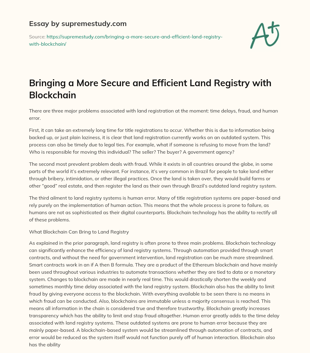 Bringing a More Secure and Efficient Land Registry with Blockchain essay