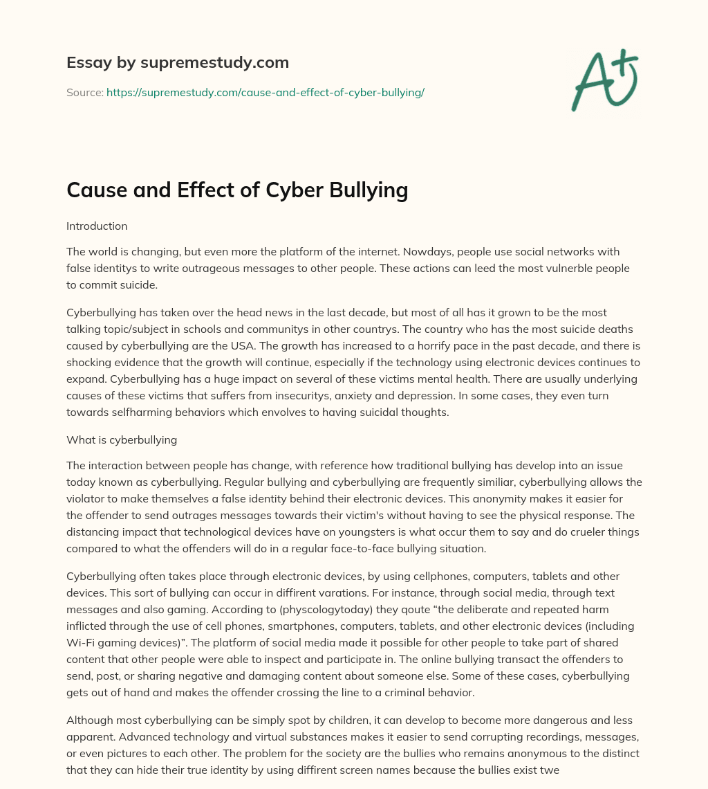 Cause and Effect of Cyber Bullying essay