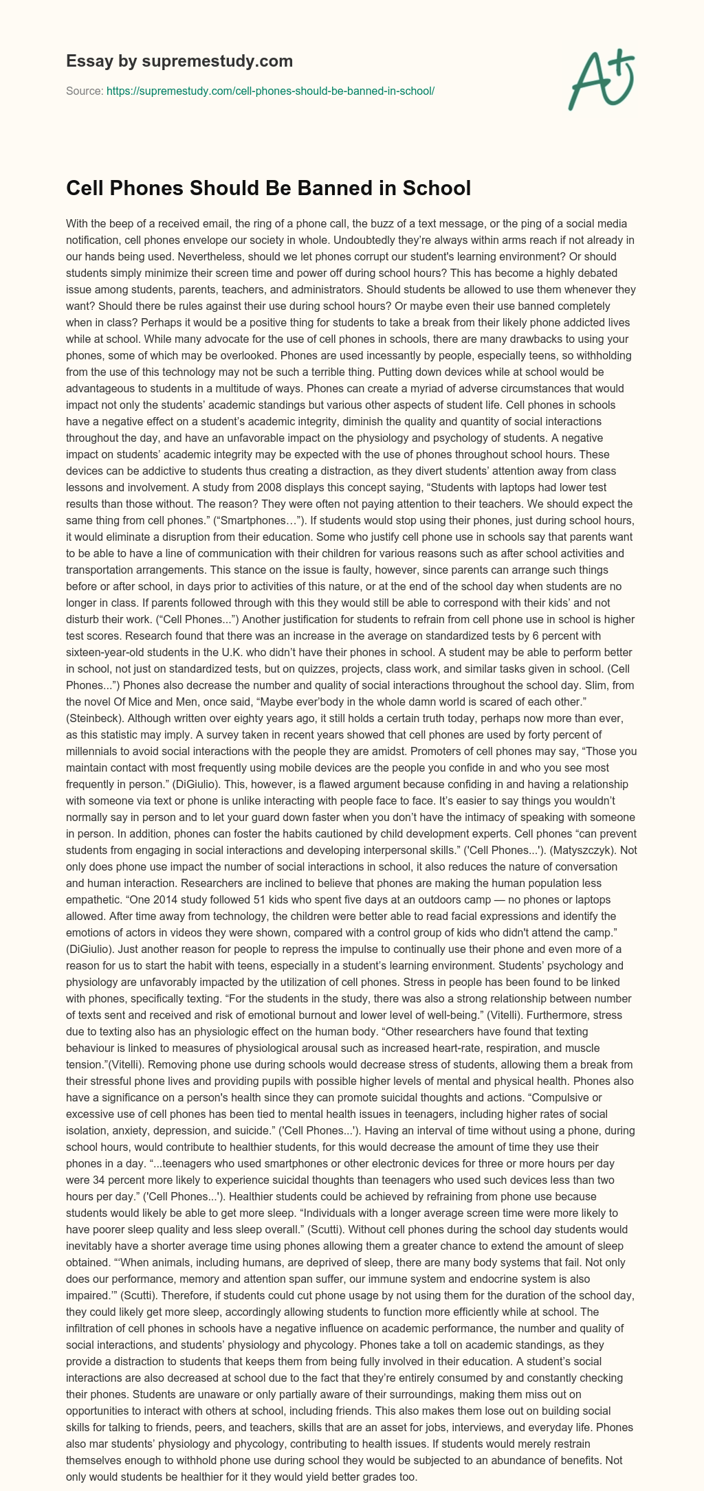 Cell Phones Should Be Banned in School essay