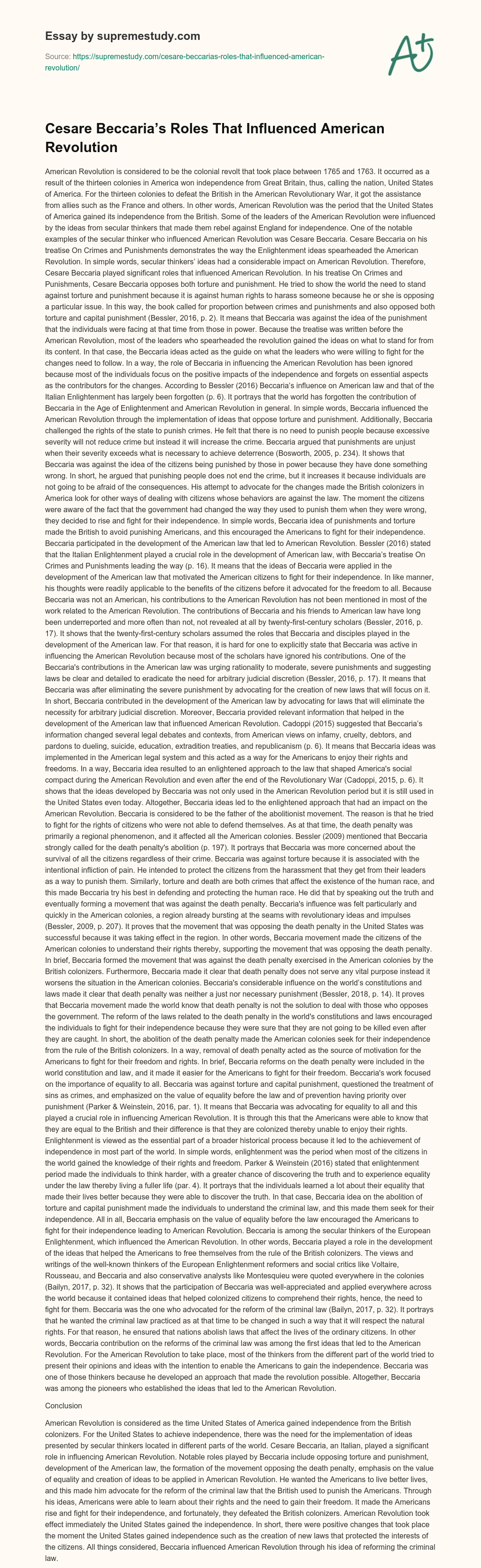 Cesare Beccaria’s Roles That Influenced American Revolution essay