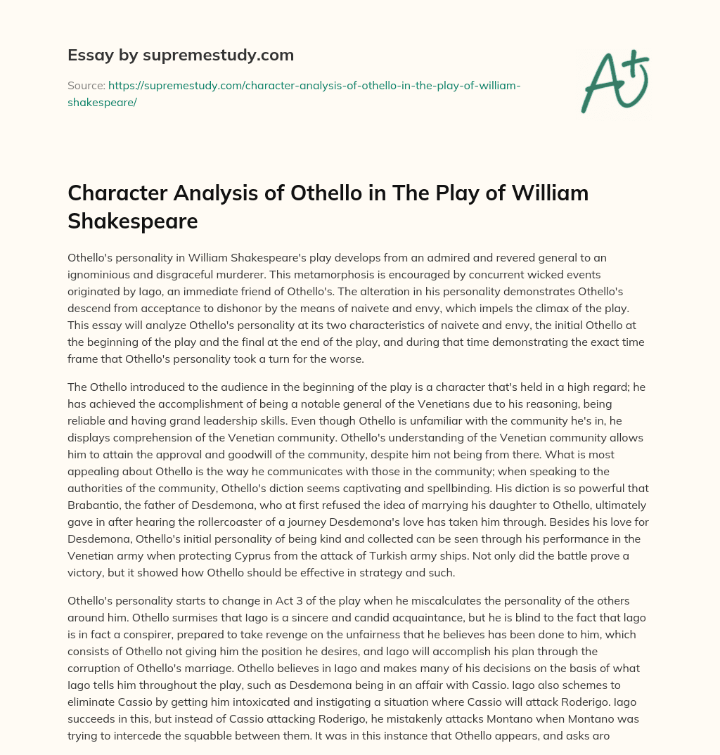 Character Analysis of Othello in The Play of William Shakespeare essay