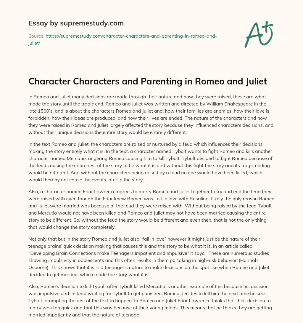 Character Characters and Parenting in Romeo and Juliet essay