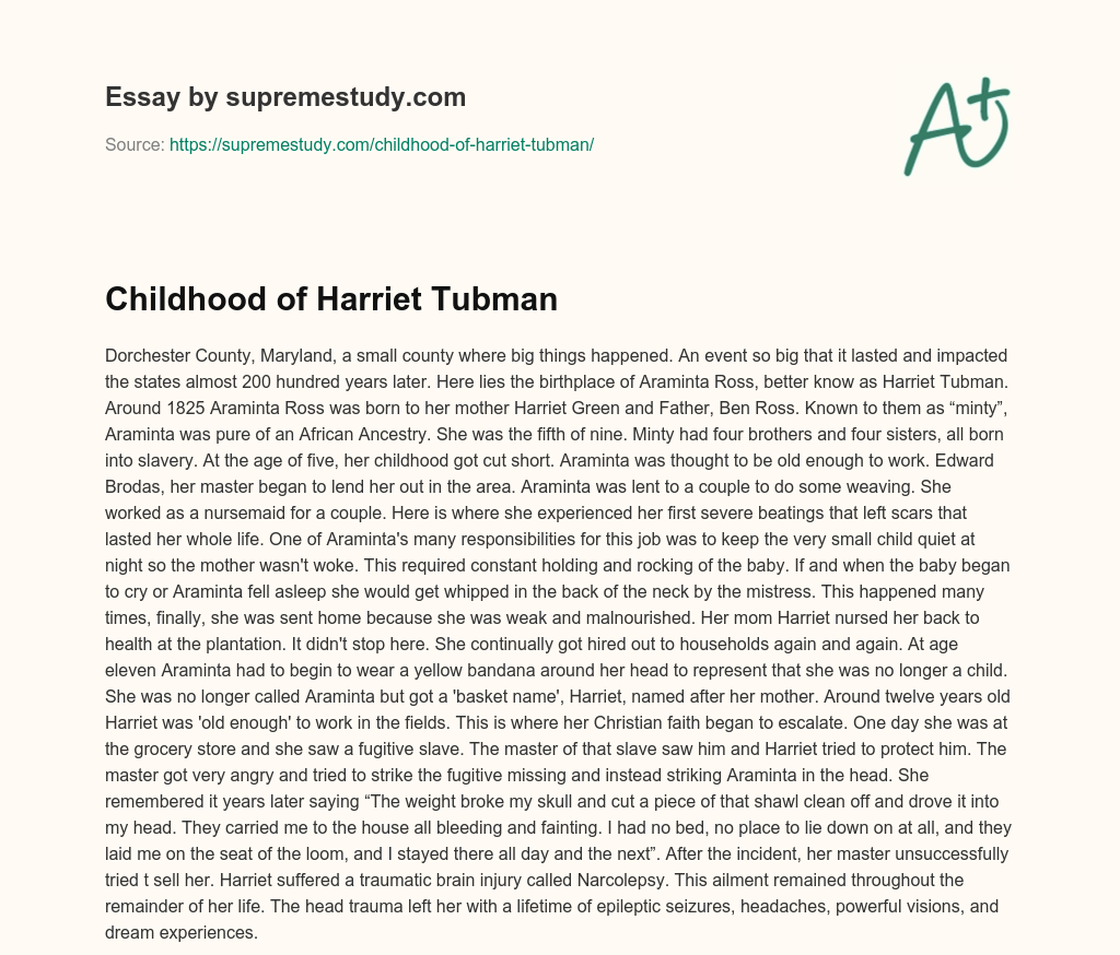 Childhood of Harriet Tubman essay