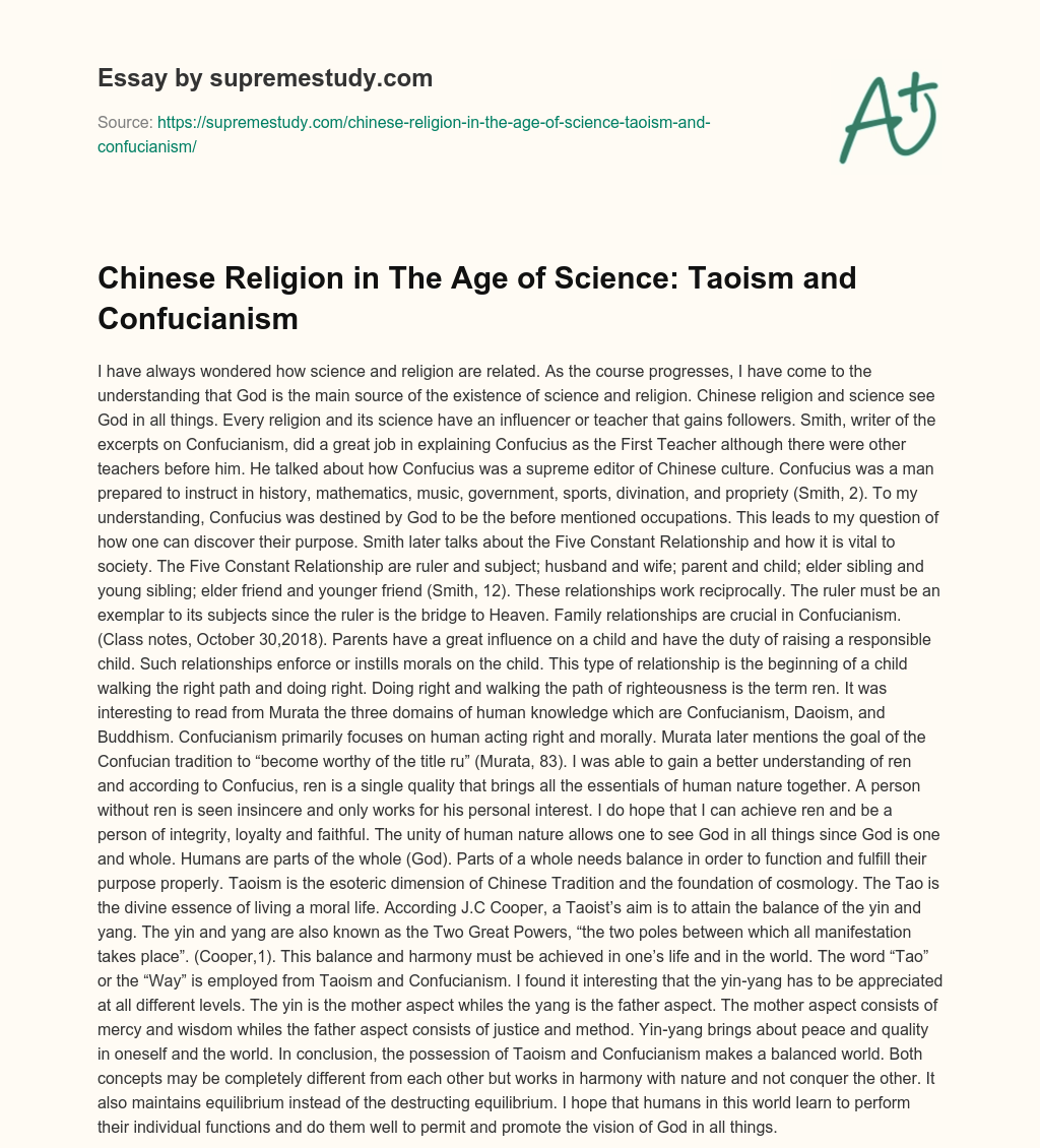 Chinese Religion in The Age of Science: Taoism and Confucianism essay