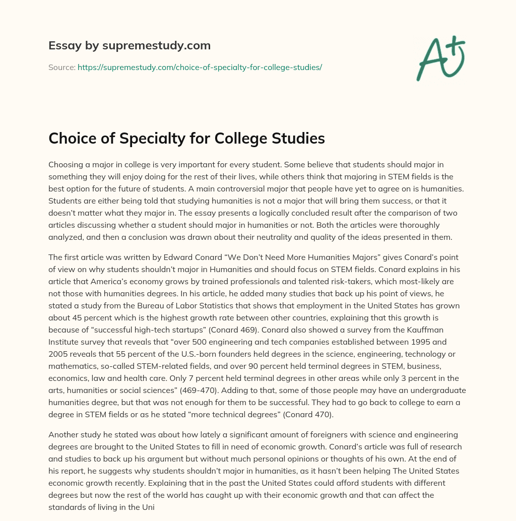 Choice of Specialty for College Studies essay