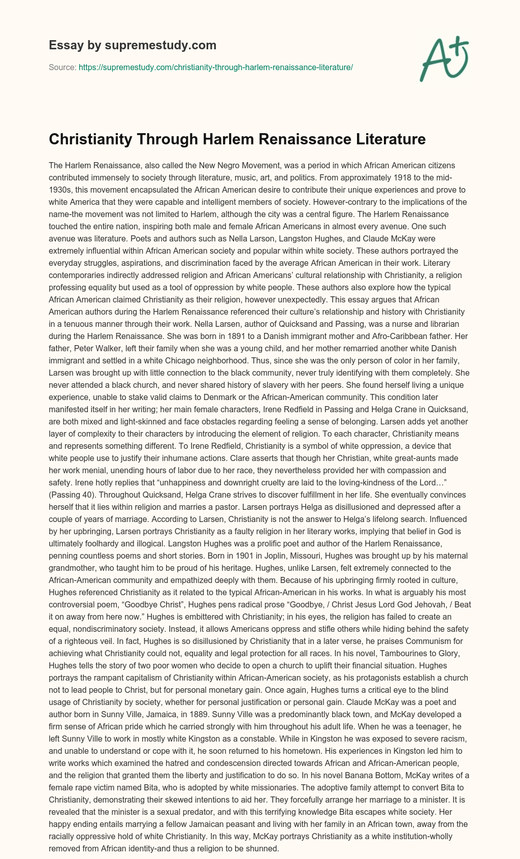 Christianity Through Harlem Renaissance Literature  essay