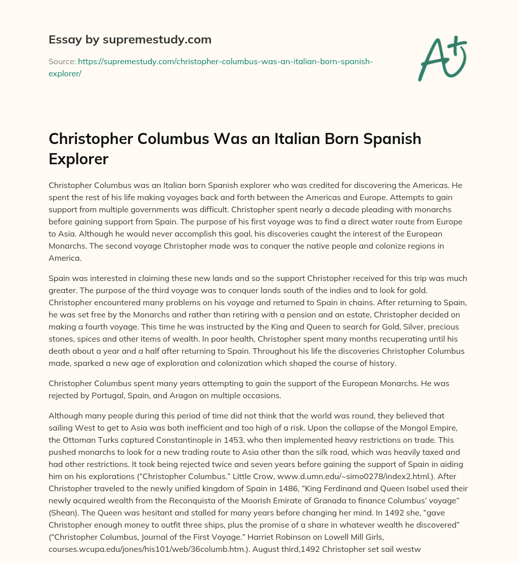 Christopher Columbus Was an Italian Born Spanish Explorer essay