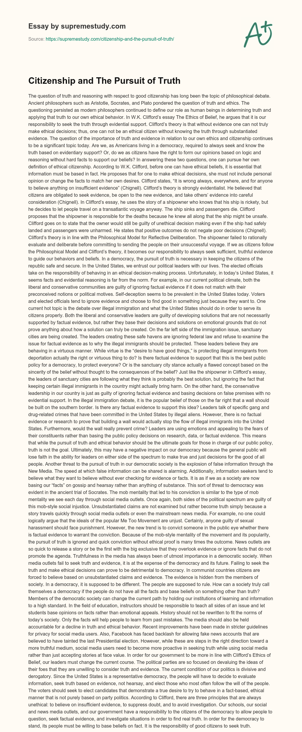 Citizenship and The Pursuit of Truth essay