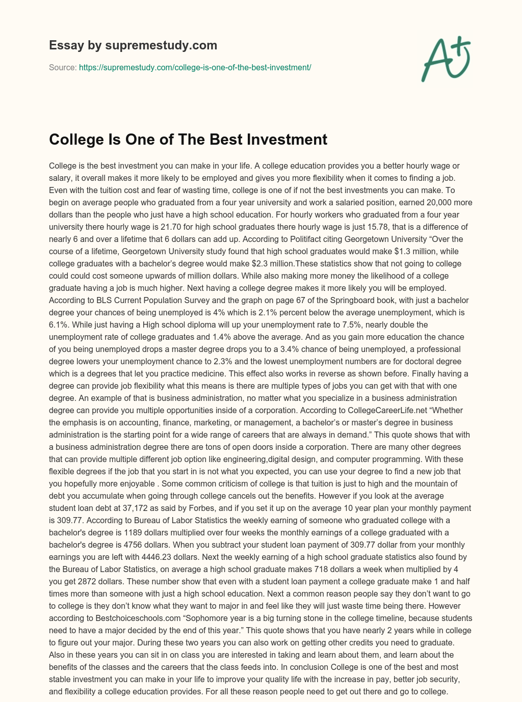 College Is One of The Best Investment essay