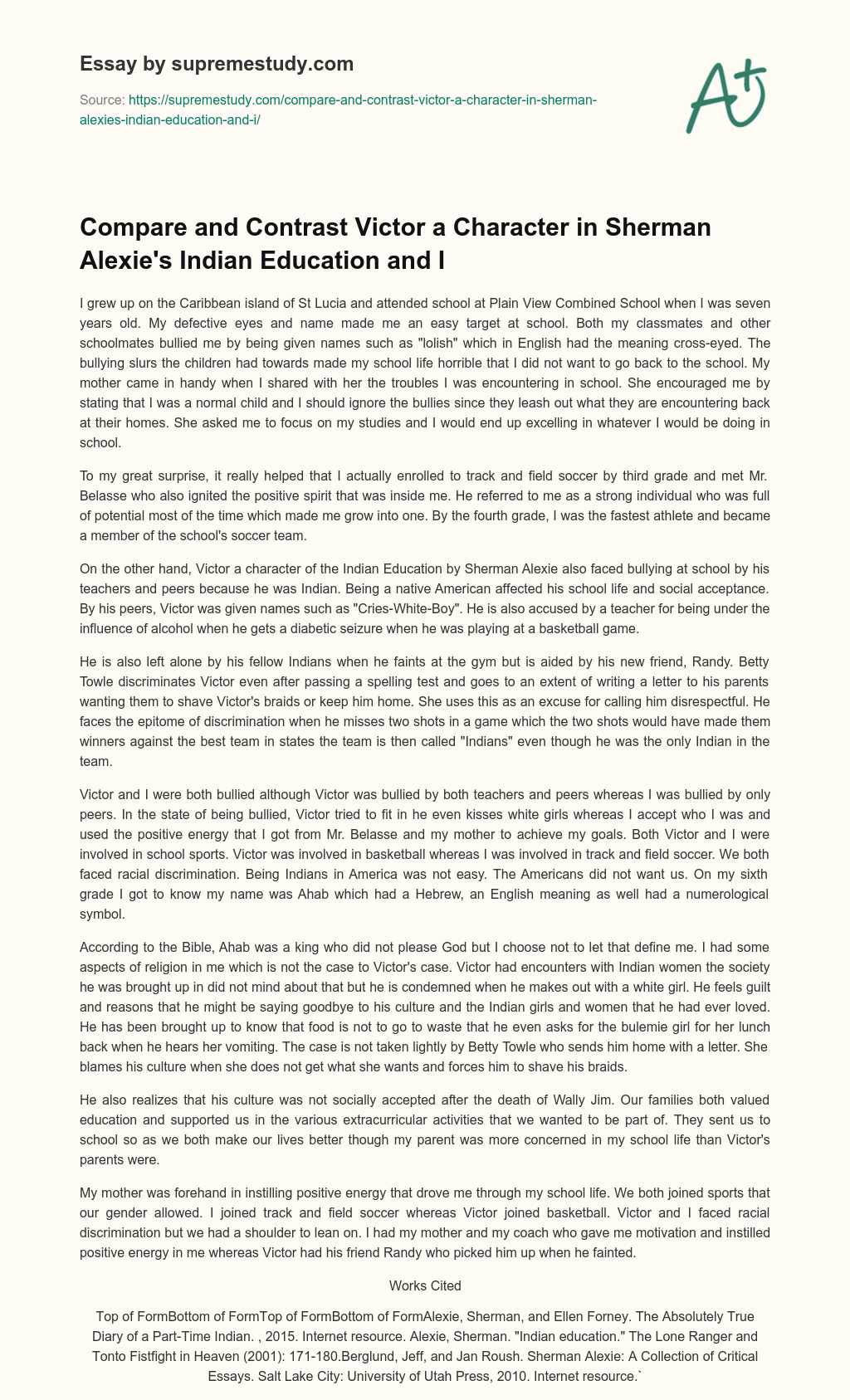 Compare and Contrast Victor a Character in Sherman Alexie’s Indian Education and I essay