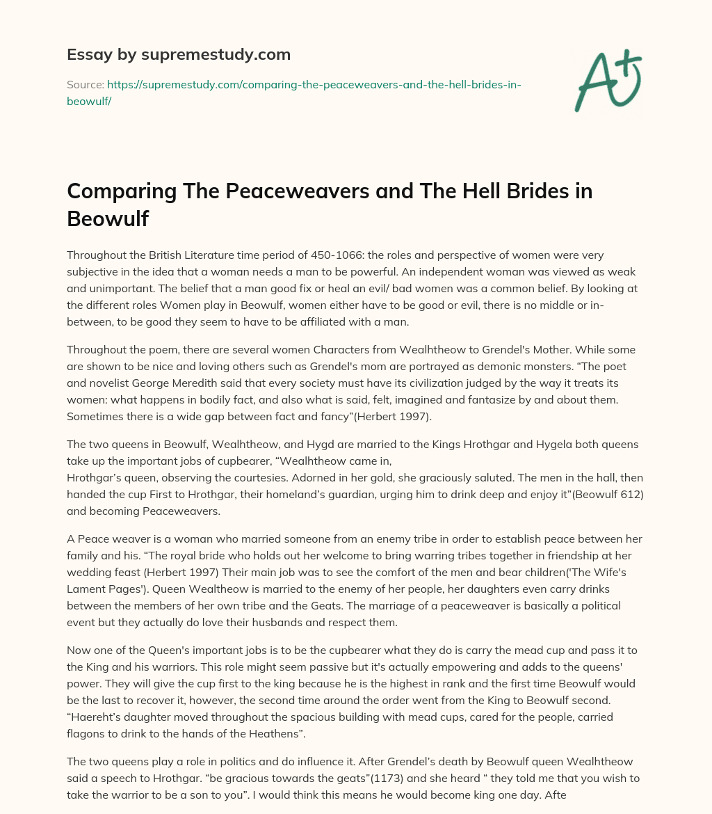Comparing The Peaceweavers and The Hell Brides in Beowulf essay