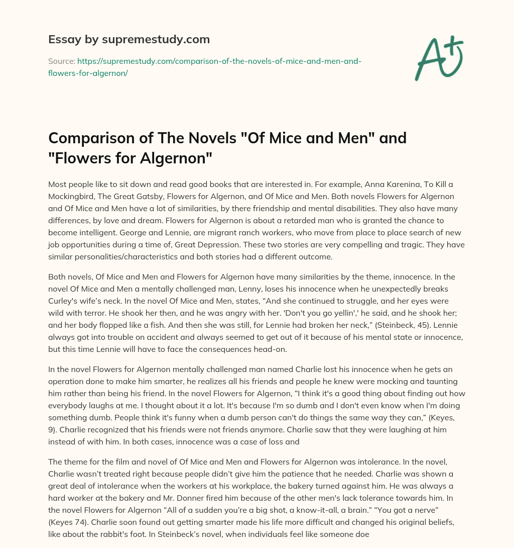 Comparison of The Novels “Of Mice and Men” and “Flowers for Algernon” essay