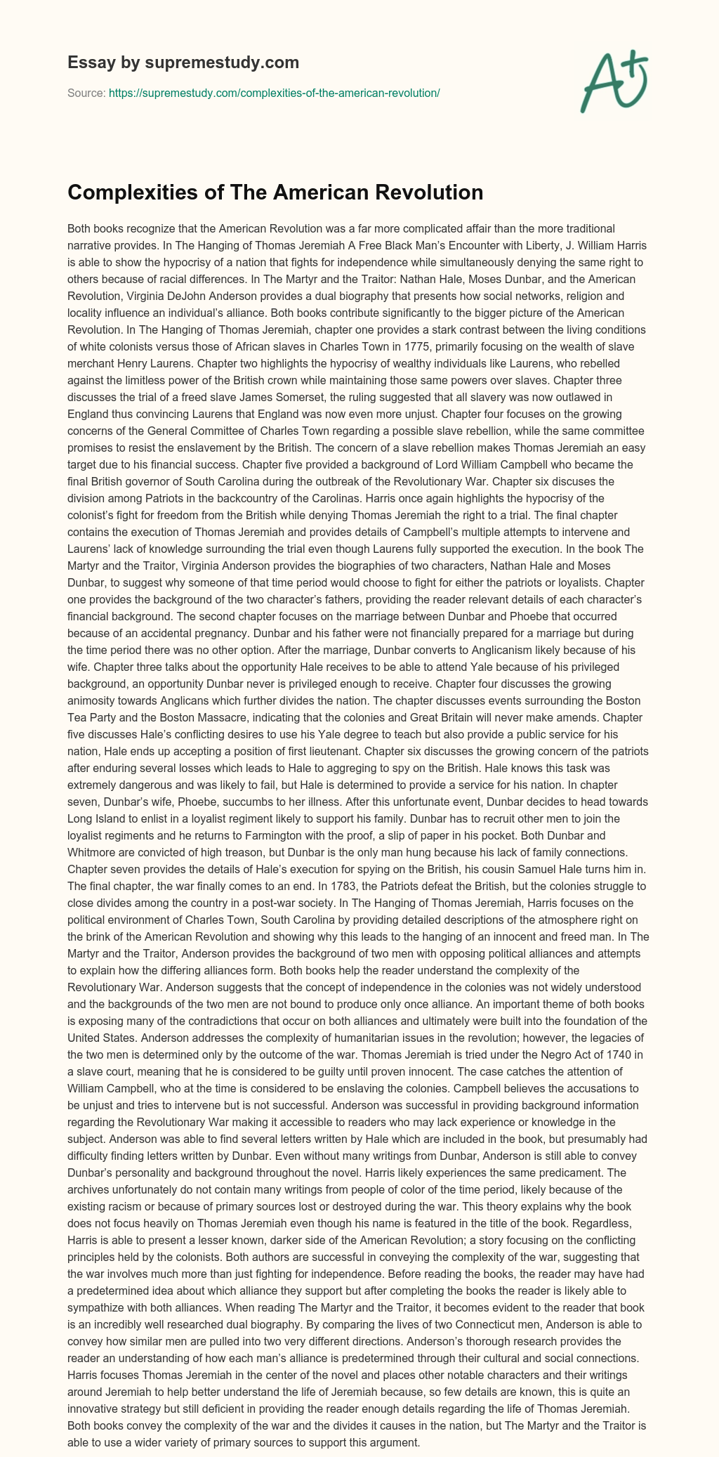 Complexities of The American Revolution  essay