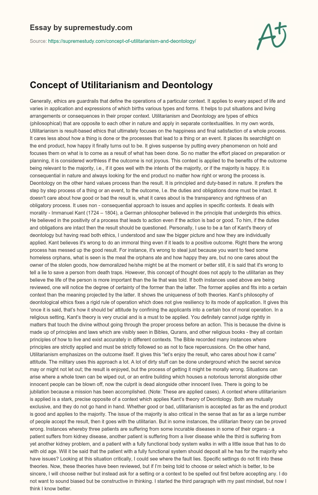 Concept of Utilitarianism and Deontology essay
