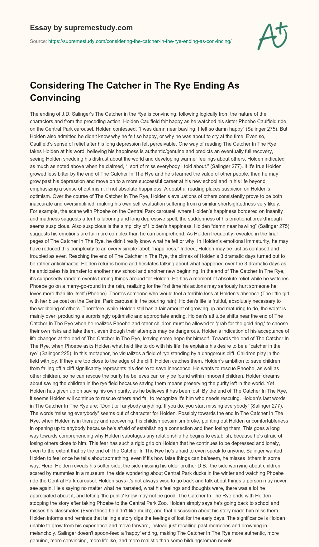 Considering The Catcher in The Rye Ending As Convincing essay