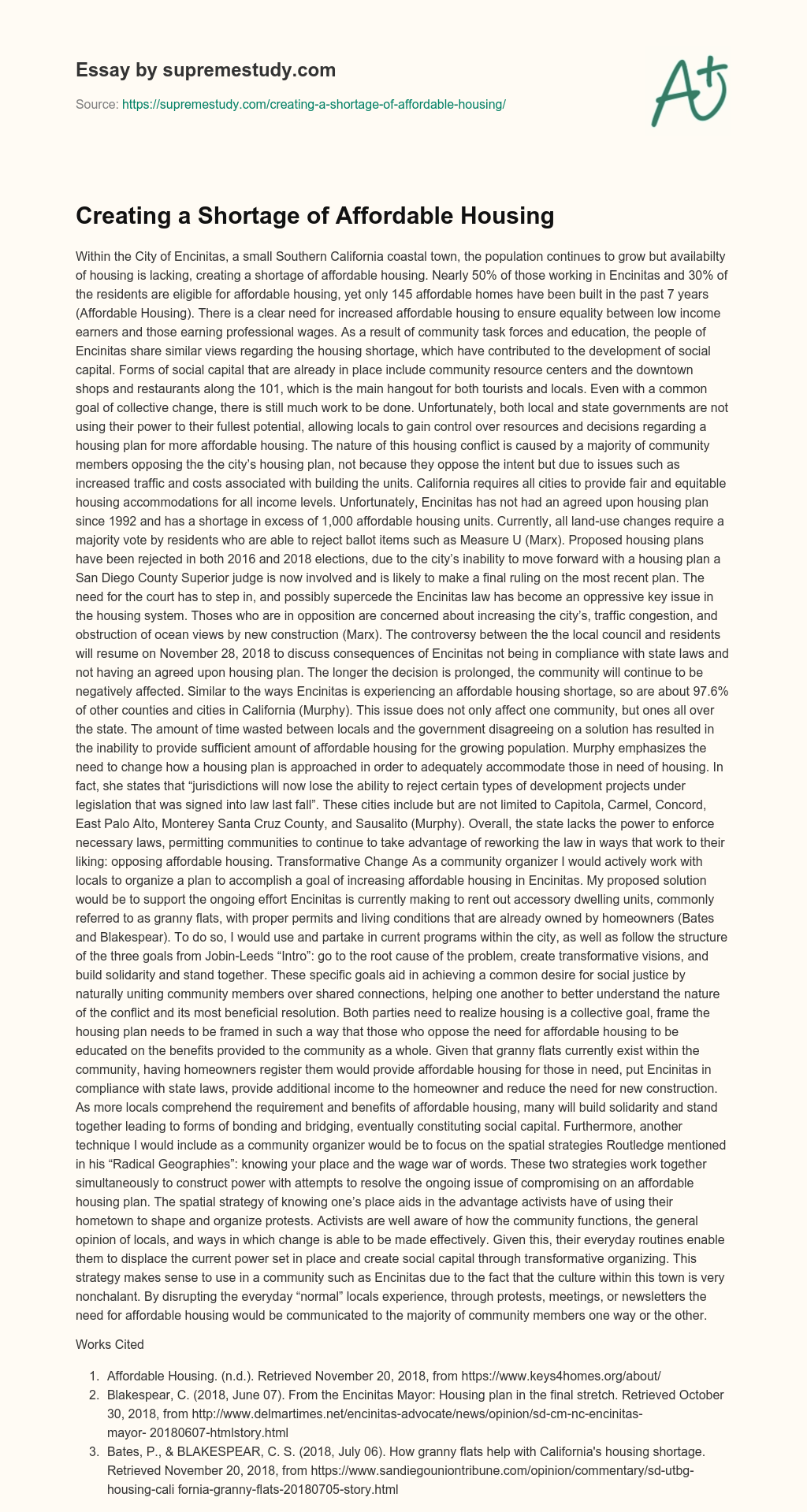 Creating a Shortage of Affordable Housing essay