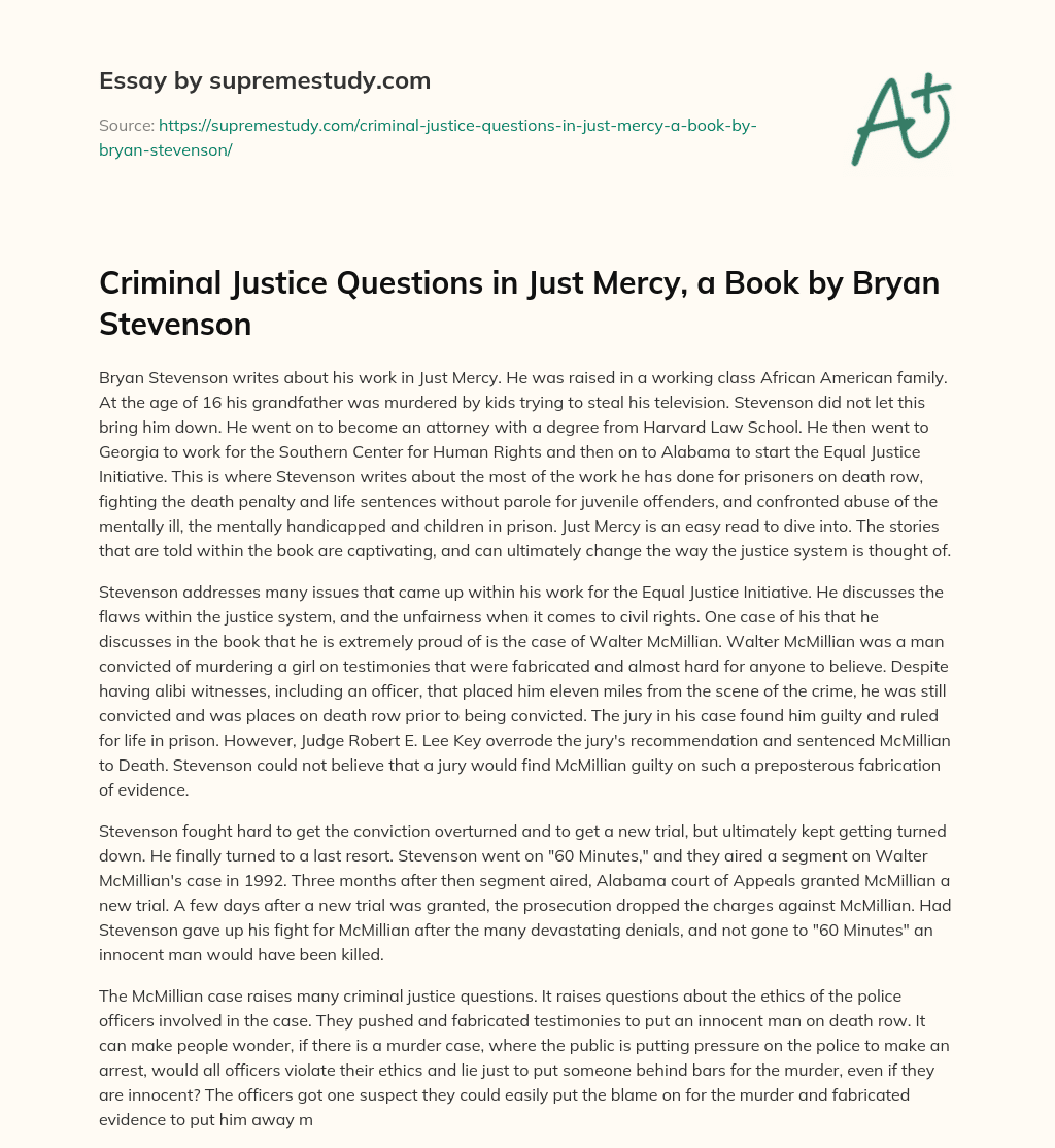Criminal Justice Questions in Just Mercy, a Book by Bryan Stevenson essay