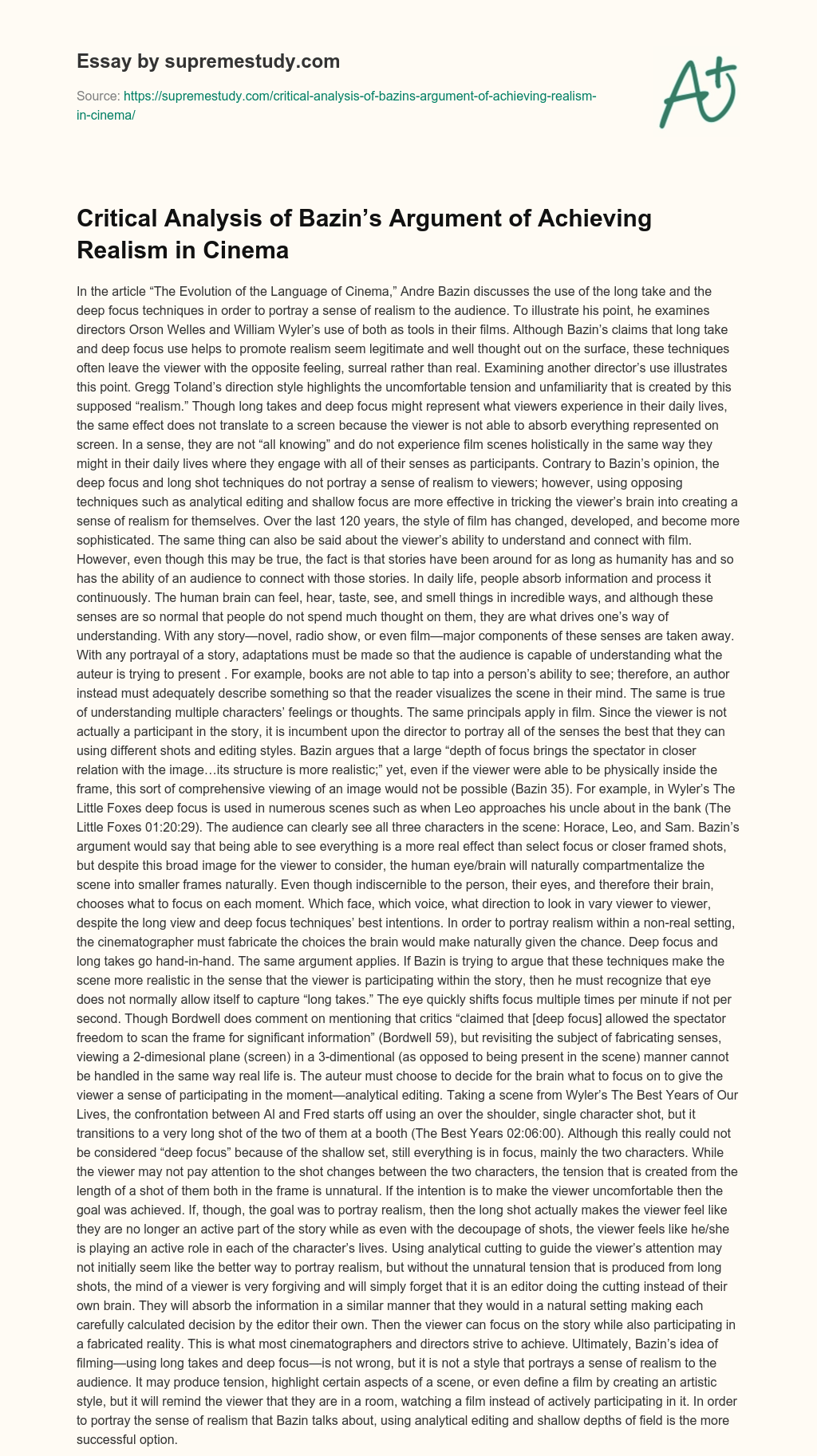 Critical Analysis of Bazin’s Argument of Achieving Realism in Cinema essay