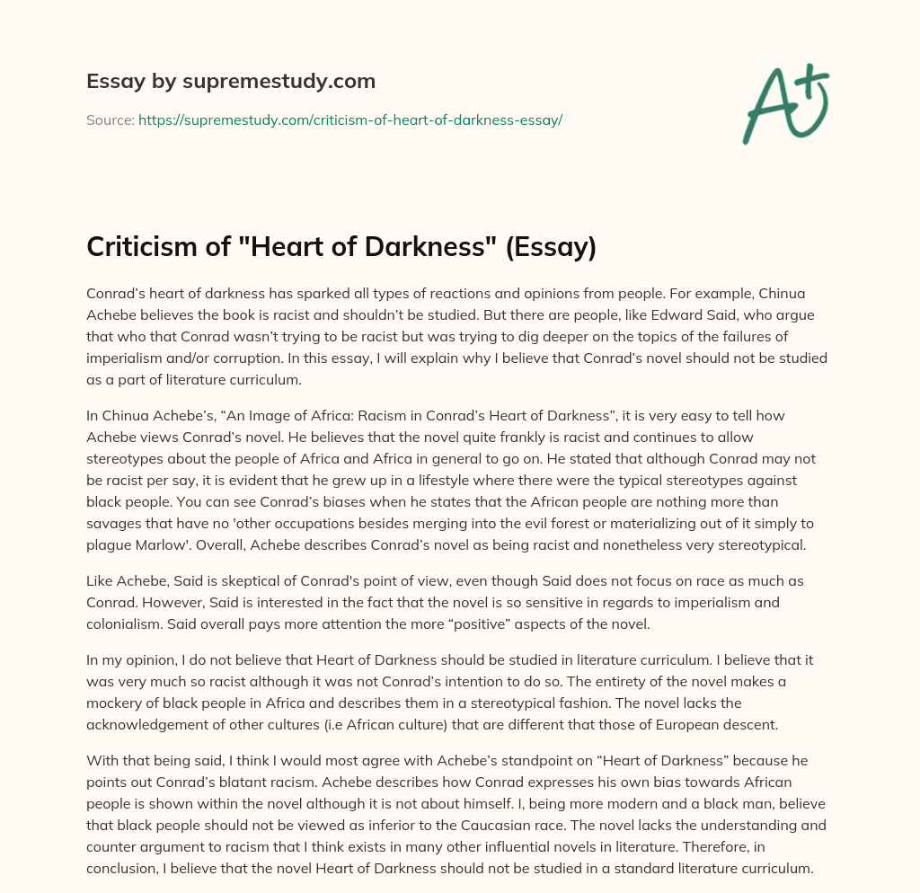 Criticism of “Heart of Darkness” (Essay) essay