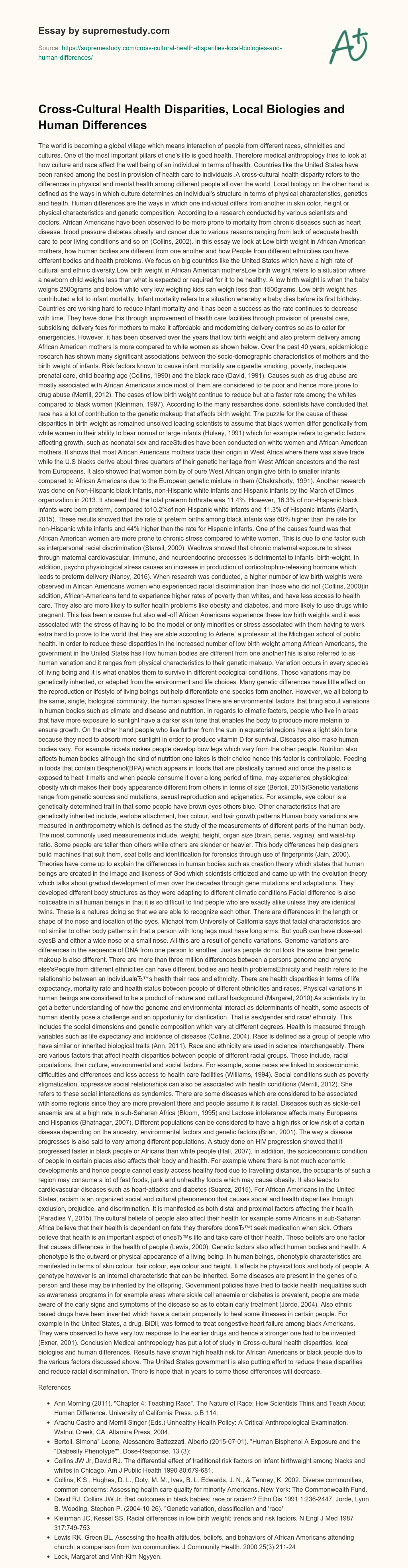 Cross-Cultural Health Disparities, Local Biologies and Human Differences essay