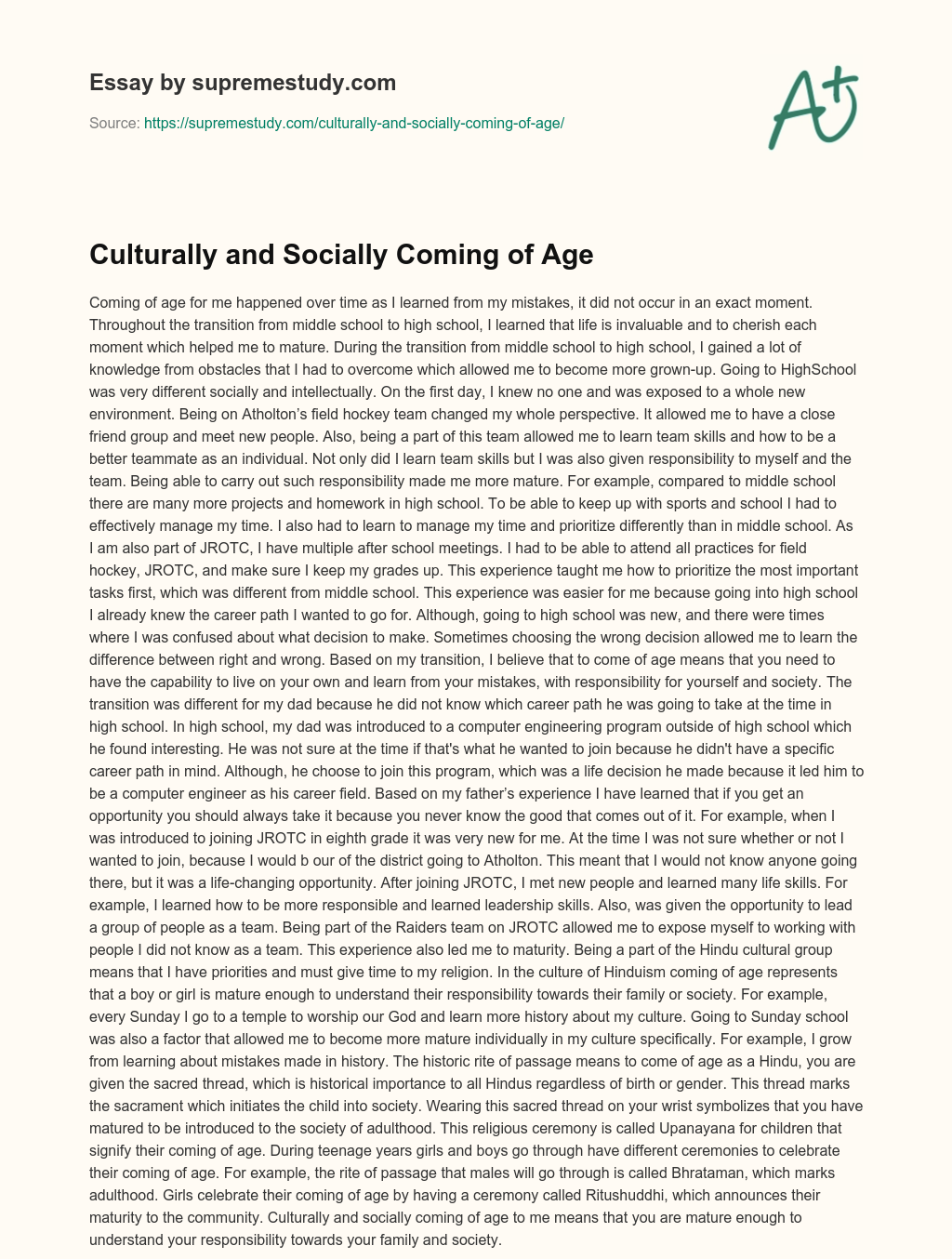 Culturally and Socially Coming of Age essay